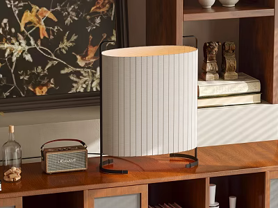 Modern Striped Table Lamp With Black Metal Base On Wooden Shelf And Decorative Elements 3d model