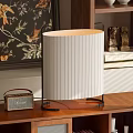 Modern Striped Table Lamp With Black Metal Base On Wooden Shelf And Decorative Elements