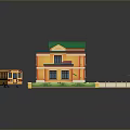 Scenic Two Story Building with Green Roof Orange Walls Yellow School Bus and Green Shrubs