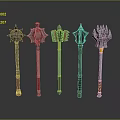 Five Different Designed Metal Hammers With Decorative Handles And Unique Metallic Heads