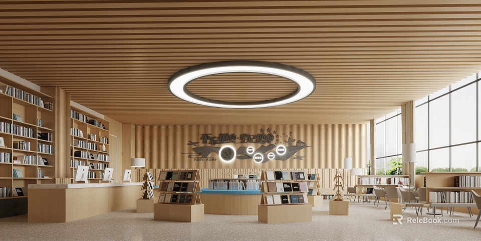 Book Art Library Interior With Wooden Ceiling Circular Light Bookshelves Display Stands And Books 3d model 