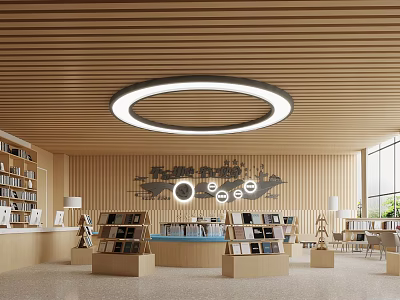 Book Art Library Interior With Wooden Ceiling Circular Light Bookshelves Display Stands And Books 3d model