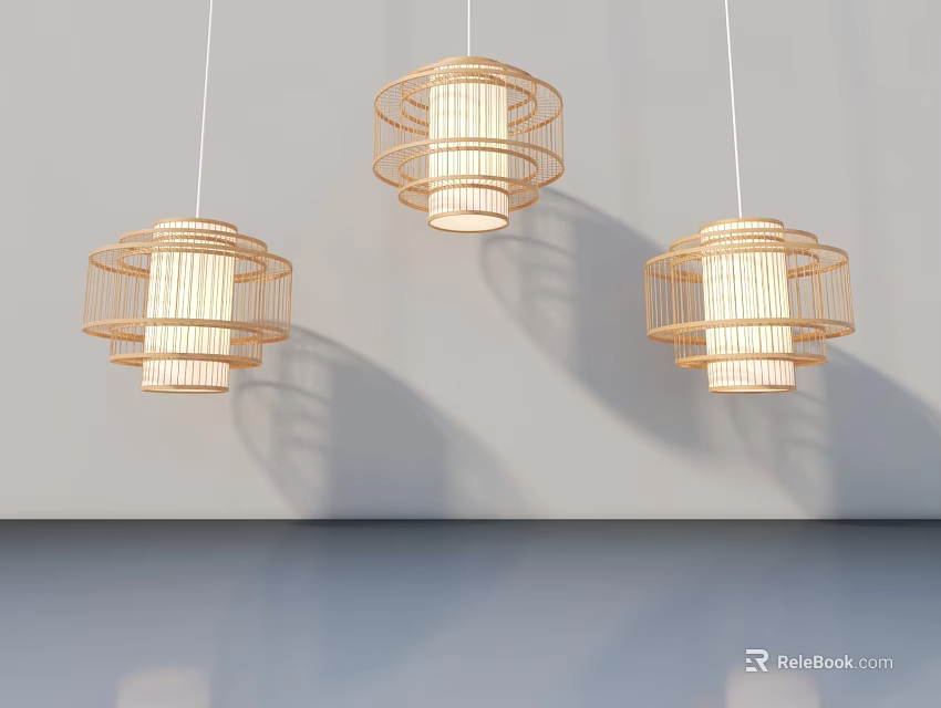 Modern Hinged Door Design With Bamboo Pendant Lights And Light Gray Wall 3d model