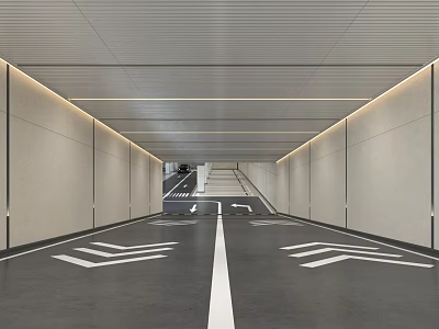Spacious Modern Garage Corridor With White Arrow Markings And Ceiling Lighting 3d model