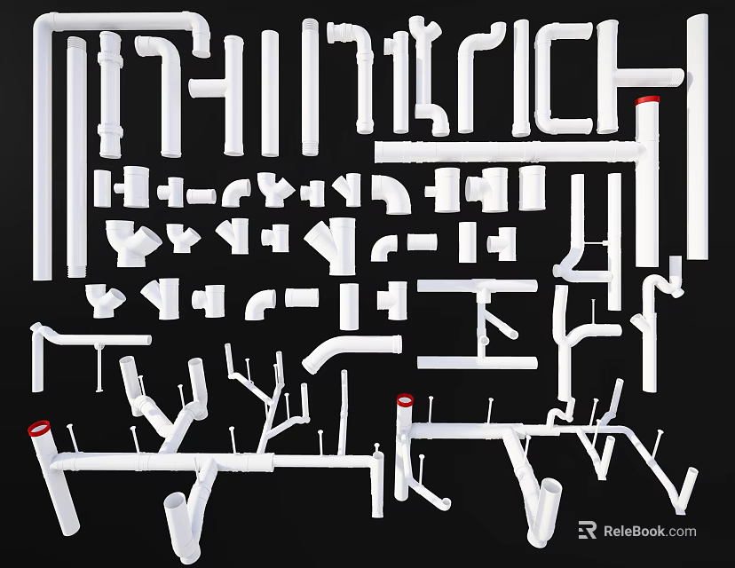 White Pipes And Different Types Of Fittings With Various Shapes On Black Background 3d model 