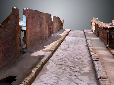 Ancient Street Ruins With Weathered Brick Walls And Stone Paved Pathway 3d model