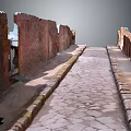Ancient Street Ruins With Weathered Brick Walls And Stone Paved Pathway