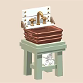 Vintage Copper Kitchen Sink with Golden Faucet on Light Green Stand and Decorative Elements