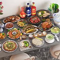 Assorted Delicious Food Spread With Roast Chicken Fish Shrimp Vegetables And Fruits On Dining Table