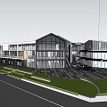 Modern School Building Design With Glass Facade Green Landscaping And Students Walking Area