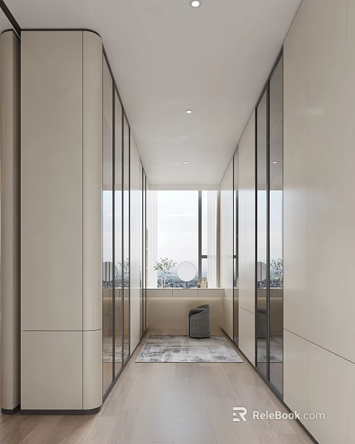 Modern Walk in Closet With Glass Door Cabinets And Natural Light 3d model 