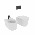 Wall Mounted White Toilet And Bidet With Black Faucet On Gray Wall
