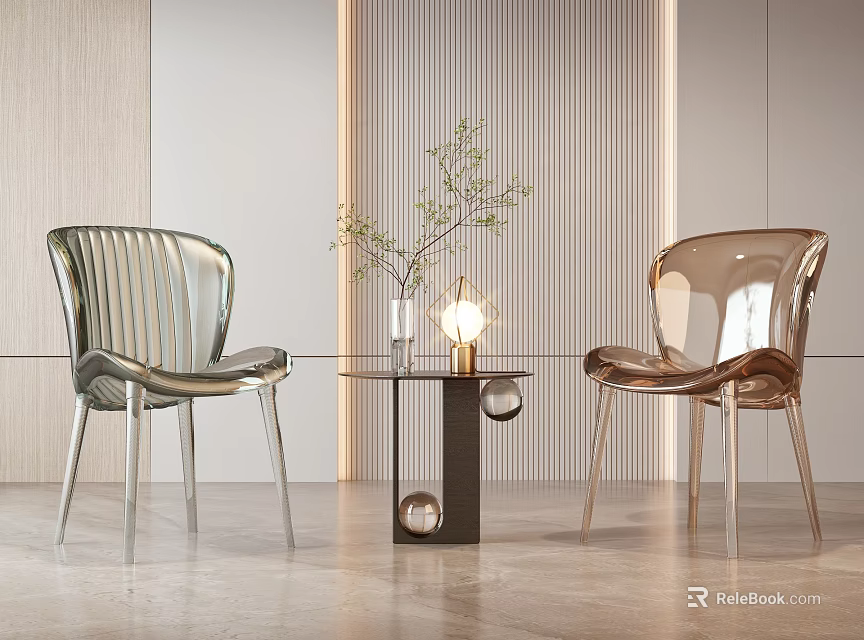 Acrylic Striped Silver Gold Table And Chairs Set With Glass Top Black Legs Branches Lamp 3d model 