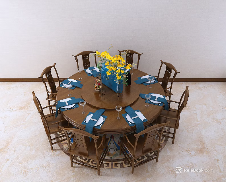 Wooden Round Dining Table Set With Chairs Blue Napkins Wine Glasses And Yellow Flower Vase 3d model 