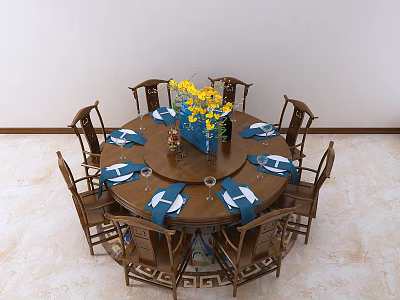 Wooden Round Dining Table Set With Chairs Blue Napkins Wine Glasses And Yellow Flower Vase 3d model
