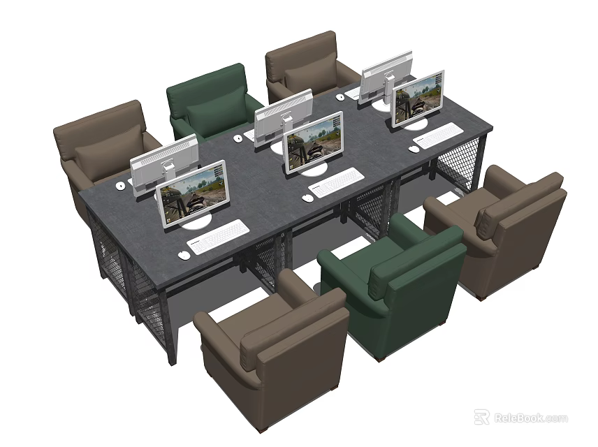 Office Desk Workstation Setup With Multiple Computer Monitors And Green Brown Chairs 3d model