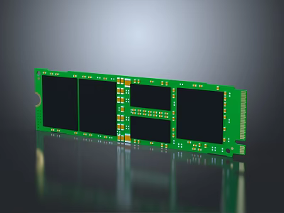 Green Circuit Board With Black Memory Modules And Gold Connectors 3d model