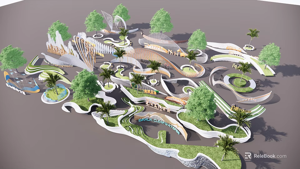 Modern Landscape Wall Design in Curved Outdoor Space with Green Plants and Water Features 3d model 