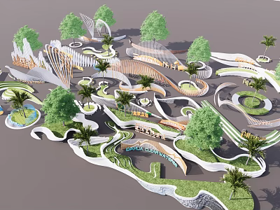 Modern Landscape Wall Design in Curved Outdoor Space with Green Plants and Water Features 3d model