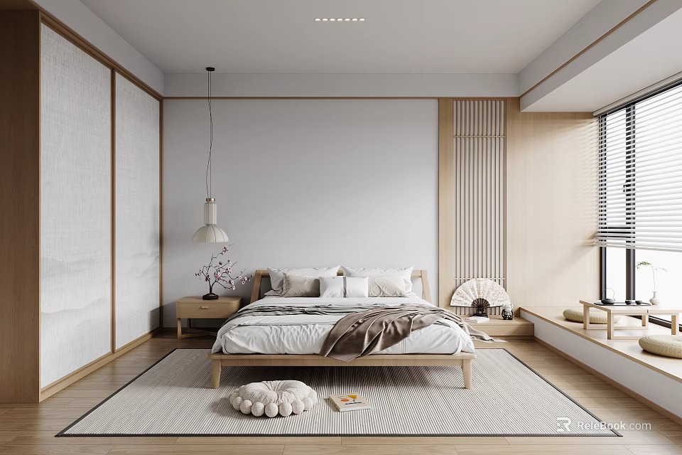 Modern Minimalist Bedroom Interior With Wooden Bed Nightstand Hanging Lamp Fan And Rug 3d model 