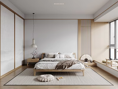 Modern Minimalist Bedroom Interior With Wooden Bed Nightstand Hanging Lamp Fan And Rug 3d model