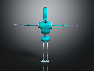 Blue Mechanical Robot With Extended Arms Red Top And Silver Hands 3d model
