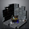 Stone Wall And Floor Corner Scene Featuring Treasure Chest Torch Broom Bones And Blue Bottle