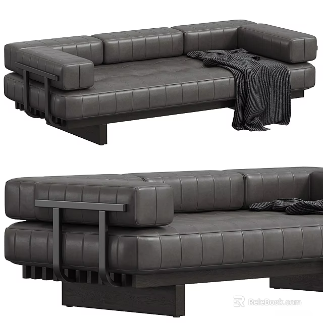 Gray Leather Two Seater Sofa With Stitched Design Black Metal Frame And Throw Blanket 3d model 