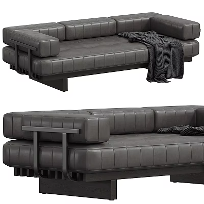 Gray Leather Two Seater Sofa With Stitched Design Black Metal Frame And Throw Blanket 3d model