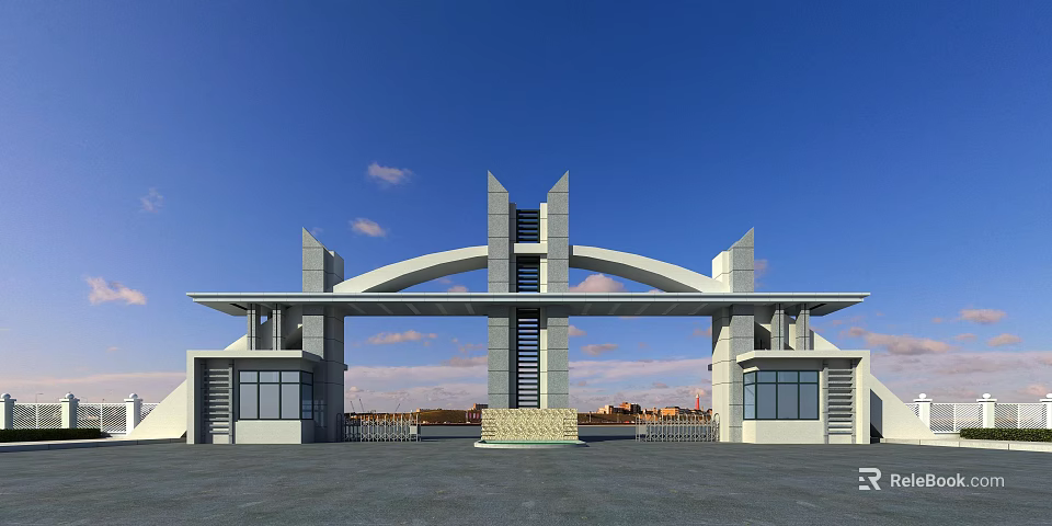Modern Style Entrance Gate Featuring Arch Design Symmetrical Structure Glass Windows And Blue Sky 3d model 