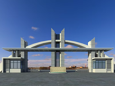 Modern Style Entrance Gate Featuring Arch Design Symmetrical Structure Glass Windows And Blue Sky 3d model