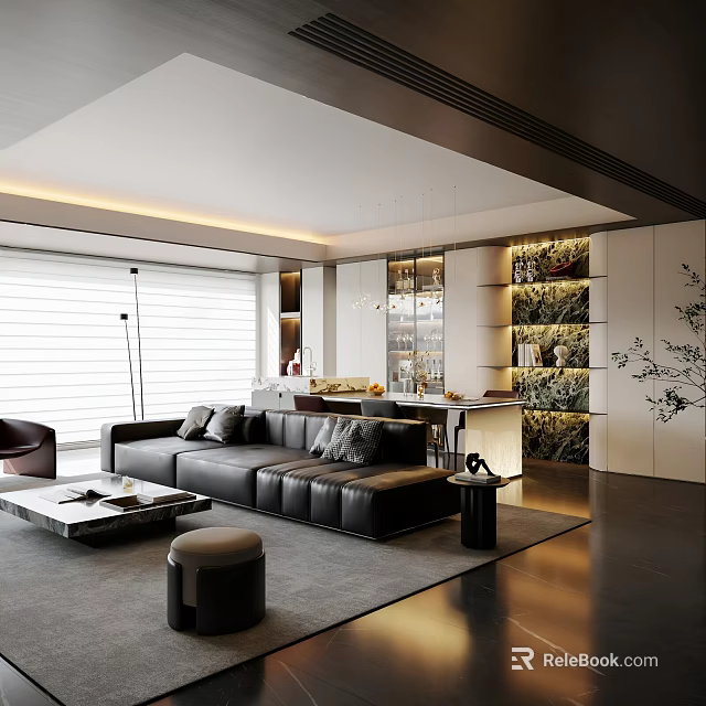 Modern Living Room Interior Design With Black Leather Sofa Coffee Table And Plant Decor Shelves 3d model 