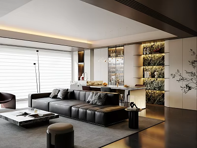 Modern Living Room Interior Design With Black Leather Sofa Coffee Table And Plant Decor Shelves 3d model