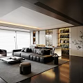 Modern Living Room Interior Design With Black Leather Sofa Coffee Table And Plant Decor Shelves