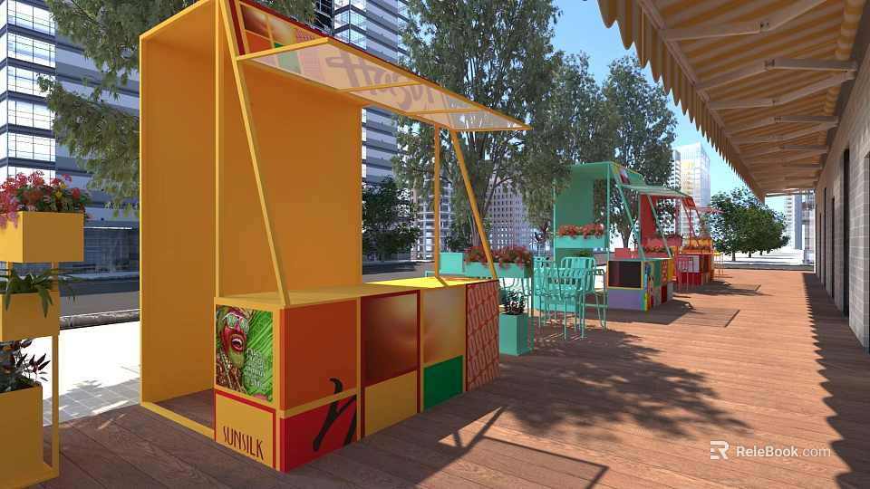Bright Colorful Outdoor Street Vending Kiosks Along Sunny Urban Public Wooden Pedestrian Walkway 3d model 