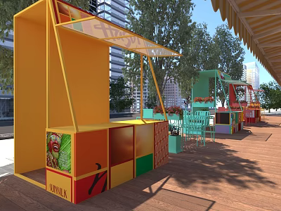 Bright Colorful Outdoor Street Vending Kiosks Along Sunny Urban Public Wooden Pedestrian Walkway 3d model