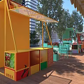 Bright Colorful Outdoor Street Vending Kiosks Along Sunny Urban Public Wooden Pedestrian Walkway
