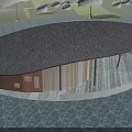 Modern Pavilion With Curved Dark Tile Roof Glass Wooden Structure And Water Reflection Among Trees