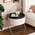 Modern Bedroom Interior With Black Round Top Nightstand White Drawer Metal Frame And Beige Bed