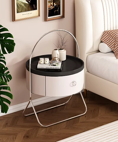Modern Bedroom Interior With Black Round Top Nightstand White Drawer Metal Frame And Beige Bed 3d model