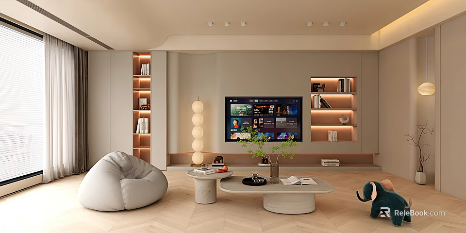 Modern Cozy Cream Style Living Room With Built In TV Wall And Comfortable Lounge Furniture 3d model 