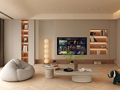 Modern Cozy Cream Style Living Room With Built In TV Wall And Comfortable Lounge Furniture 3d model