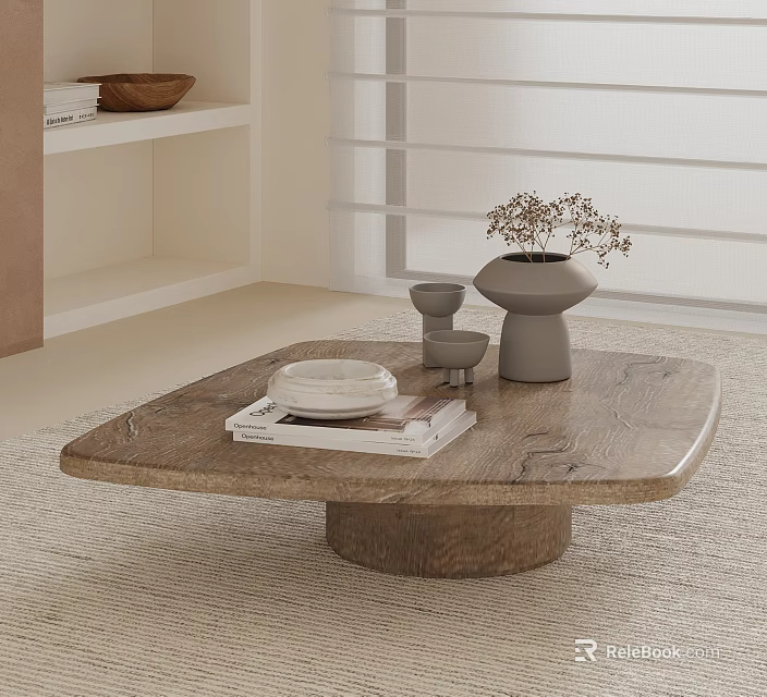 Stylish Wooden Coffee Table With Natural Wood Grain Magazines White Plate And Dried Flowers 3d model 