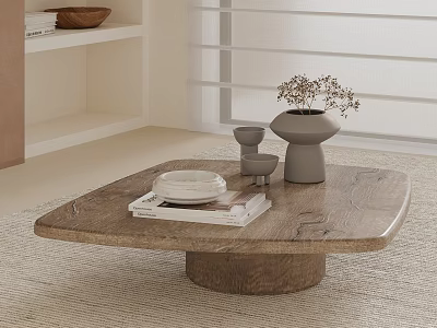 Stylish Wooden Coffee Table With Natural Wood Grain Magazines White Plate And Dried Flowers 3d model