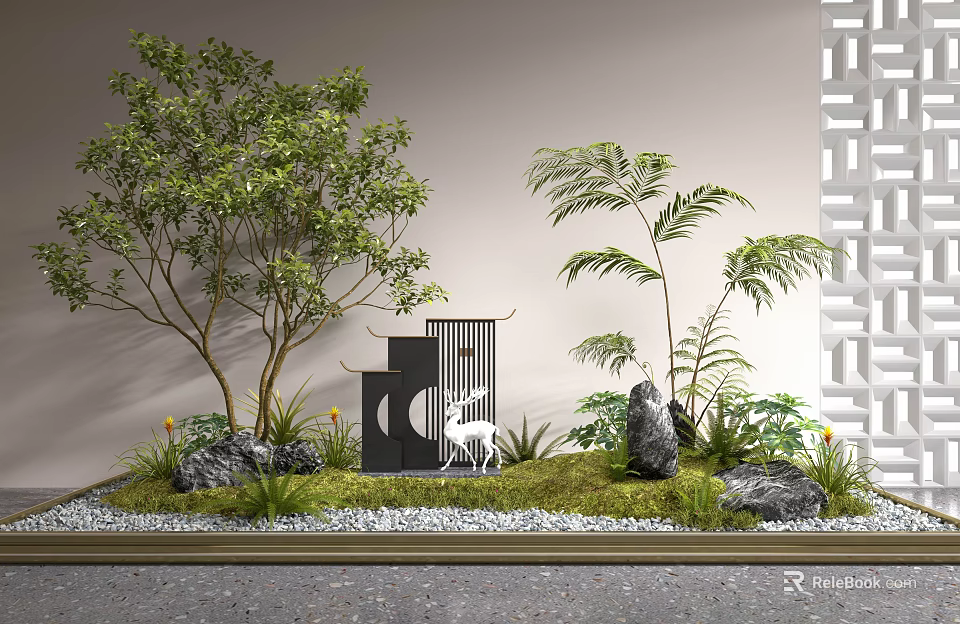 Indoor Landscape Design With Trees Deer Statue Geometric Decor Stones And Pebbles 3d model 