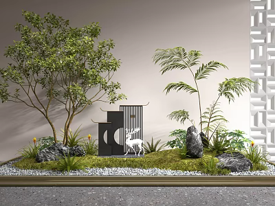Indoor Landscape Design With Trees Deer Statue Geometric Decor Stones And Pebbles 3d model