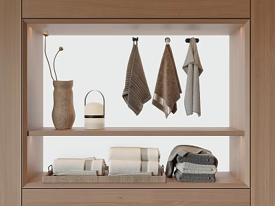 Hanging And Folded Towels Displayed On Wooden Shelf With Home Decor Items 3d model