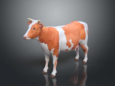 Orange And White Spotted Cow With Horns Standing On Gray Background With Reflection 3d model
