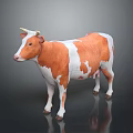 Orange And White Spotted Cow With Horns Standing On Gray Background With Reflection