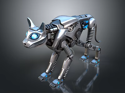 Silver Mechanical Cat With Blue Eyes Metallic Structure And Futuristic Joint Lights 3d model